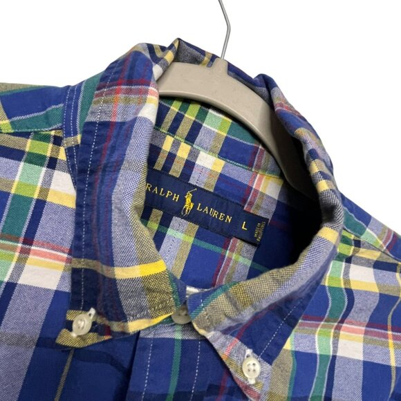 Ralph Lauren Men's Large Button Down Long Sleeve Plaid Shirt Blue Flesh Pony - Picture 5 of 7